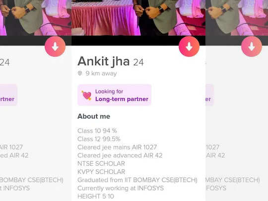 ज्यादातर लोग डेटिंग ऐप्स पर एक आकर्षक प्रोफाइल बनाने की कोशिश करते हैं ताकि उन्हें ऐसा पार्टनर मिल सके जो उनमें दिलचस्पी रखता हो।कई लोग अपनी उम्र या वर्क प्रोफाइल के अलावा अपनी पसंद-नापसंद के बारे में भी लिखते हैं। मसलन, आप कौन हैं, आप अपने लिए कैसा पार्टनर चाहते हैं। लेकिन आपको जानकर हैरानी होगी कि एक शख्स ने अपने प्रोफाइल में स्कूल से लेकर कॉलेज तक की अपनी पूरी योग्यता शेयर की है। देखते ही देखते यह सोशल मीडिया पर वायरल हो गया। लोग पूछते हैं- भाई ये रिज्यूमे है या डेटिंग प्रोफाइल।  इस पोस्ट को ट्विटर पर @indianchan_एकाउंट से शेयर किया गया है। जिसमें शख्स ने लिखा, मैं लॉन्ग टर्म पार्टनर की तलाश कर रहा हूं। उन्होंने 10वीं और 12वीं में पास हुए अंकों का भी जिक्र किया है। इतना ही नहीं, उन्होंने अपनी जेईई रैंक से लेकर इंजीनियरिंग कॉलेज में प्रवेश से लेकर अपने शैक्षणिक इतिहास तक सब कुछ लिखा है। एक डेटिंग ऐप प्रोफाइल का ये स्क्रीनशॉट वायरल हुआ था। लोग कहते हैं भाई यह LinkedIn नहीं है। वे इस बात का भी मजाक उड़ा रहे हैं कि टिंडर पर किस तरह की प्रोफाइल होनी चाहिए। बहुत सारे लोगों ने कहा - शायद यह आदमी नौकरी की तलाश में था और उसने सोचा कि यह लिंक्डइन जैसा कुछ है, इसलिए उसने इसे रखा।   इंफोसिस के लिए ये सब.. लूट लिया भाई इस पोस्ट को शेयर करते हुए एक ट्विटर यूजर ने कैप्शन दिया है. ये सब इंफोसिस के लिए.. लूट लिया भाई। दरअसल, स्क्रीनशॉट से पता चलता है कि यह 24 साल के अंकित झा की टिंडर प्रोफाइल है। झा आईआईटी बॉम्बे के स्नातक हैं और वर्तमान में इंफोसिस के साथ काम कर रहे हैं। इतना ही नहीं, प्रोफाइल में उन्होंने अपना बोर्ड परीक्षा का स्कोर, अपनी जेईई मेन्स और एडवांस की रैंक भी डाल रखी है। यह भी कहा जाता है कि वह एनटीएसई और केवीपीवाई स्कॉलर हैं।   भाई ने सोचा होगा कि यह लिंक्डइन है, बेचारा पकड़ा गया चूंकि पोस्ट को 13 अप्रैल को साझा किया गया था, इसे लगभग 95,000 बार देखा जा चुका है और गिनती जारी है। करीब 1600 लाइक और कई रीट्वीट मिल चुके हैं। इस पर कई लोग कमेंट भी कर रहे हैं. एक यूजर ने लिखा, कृपया उन्हें बता दें कि यह टिंडर प्रोफाइल है न कि रिज्यूमे जो आप नौकरी के लिए बना रहे हैं। दूसरों को यह हास्यास्पद लगा। उन्होंने लिखा, इंफोसिस में काम करने वाले व्यक्ति को इतना पता होना चाहिए। तीसरी टिप्पणी आई। भाई ने सोचा होगा कि यह LinkedIn है, बेचारा फंस गया। दूसरे ने कहा- सब कुछ लिख दिया पर सीटीसी नहीं लिखा भाई। यदि आप उसे भी लिखते तो अधिक स्पष्ट होता।